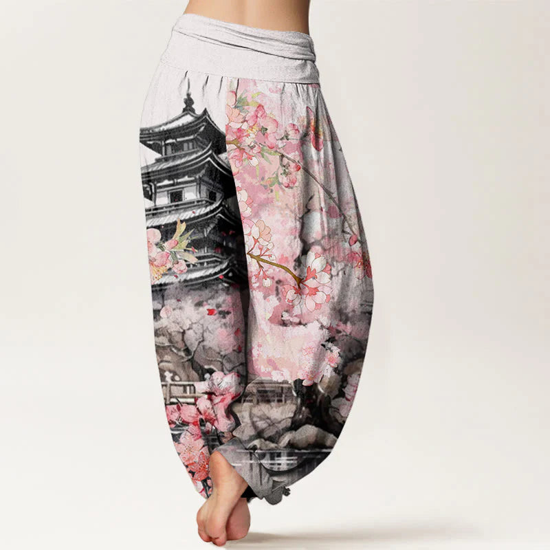 Buddha Stones Cotton Pavilion Cherry Blossom Pattern Women's Elastic Waist Harem Pants
