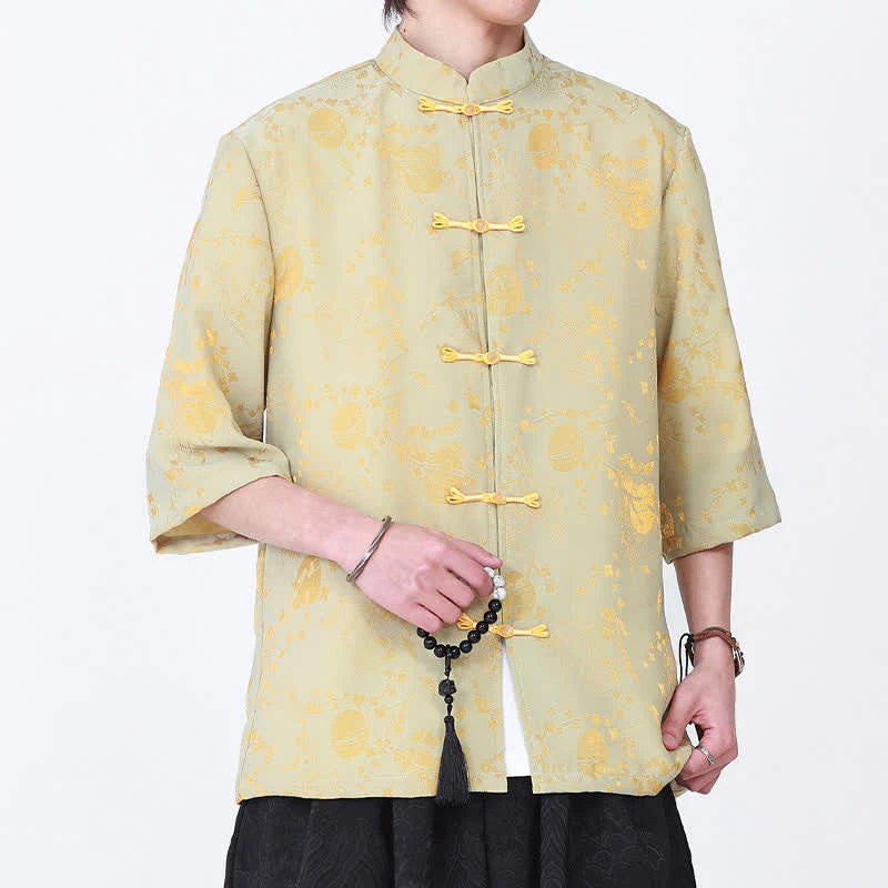 Buddha Stones Summer Vintage Elegant Mandarin Collar Gold Cloud Pattern Elbow Sleeve Men's Shirt