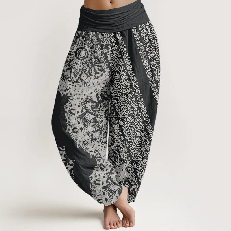 Buddha Stones Pure Cotton Mandala Pattern Parallel Flowers Women's Elastic Waist Harem Pants