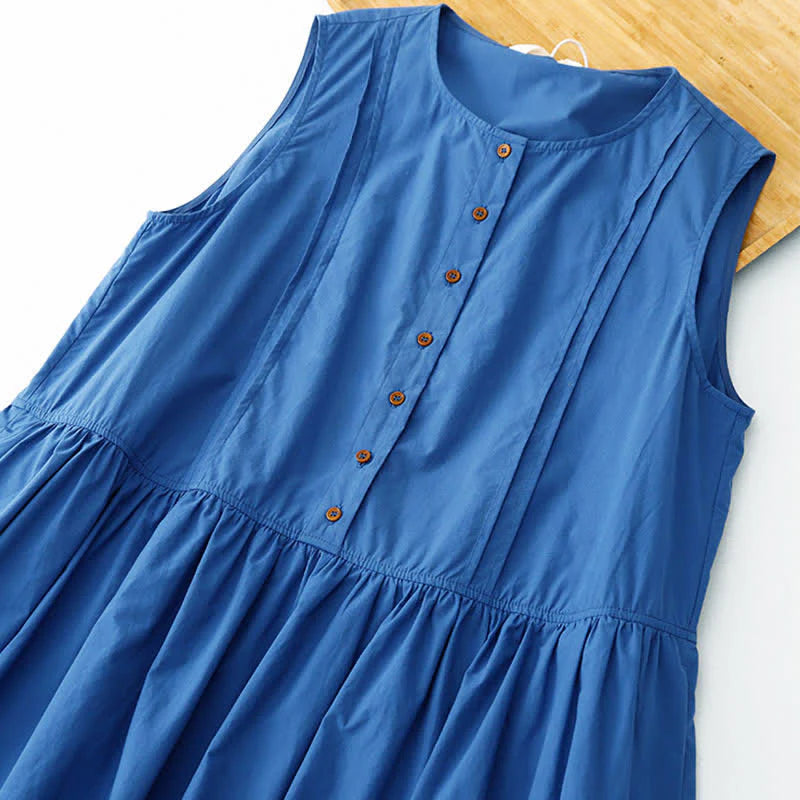 Buddha Stones Summer Buttons Pleated Knee Length Women's Sleeveless Dress With Pockets