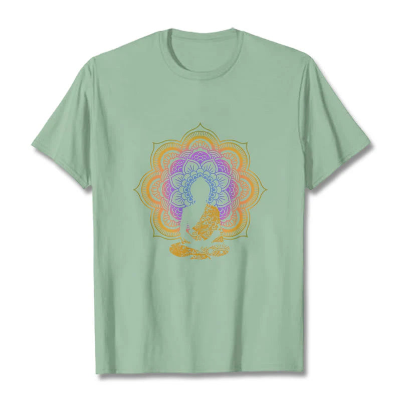 Buddha Stones Multicolor Mandala Flower Seated Buddha Pattern Tee T-shirt