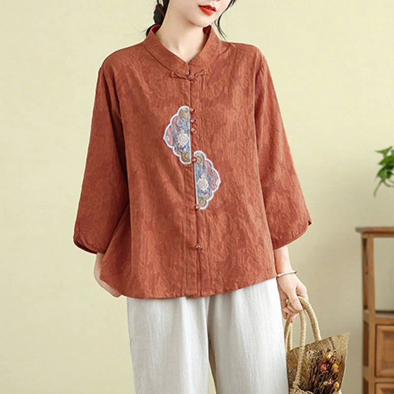 Buddha Stones Flower Embroidery Jacquard Three Quarter Sleeve Frog-Button Cotton Women's Shirt