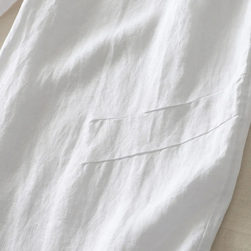 Buddha Stones Summer Daily Solid Color Elastic Waistband Design Women's Wide Leg Cotton Linen Pants With Pockets