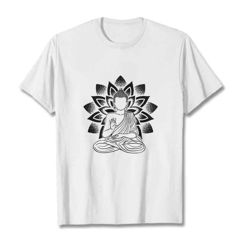 Buddha Stones Seated Buddha Lotus Flower Pattern Tee T-shirt