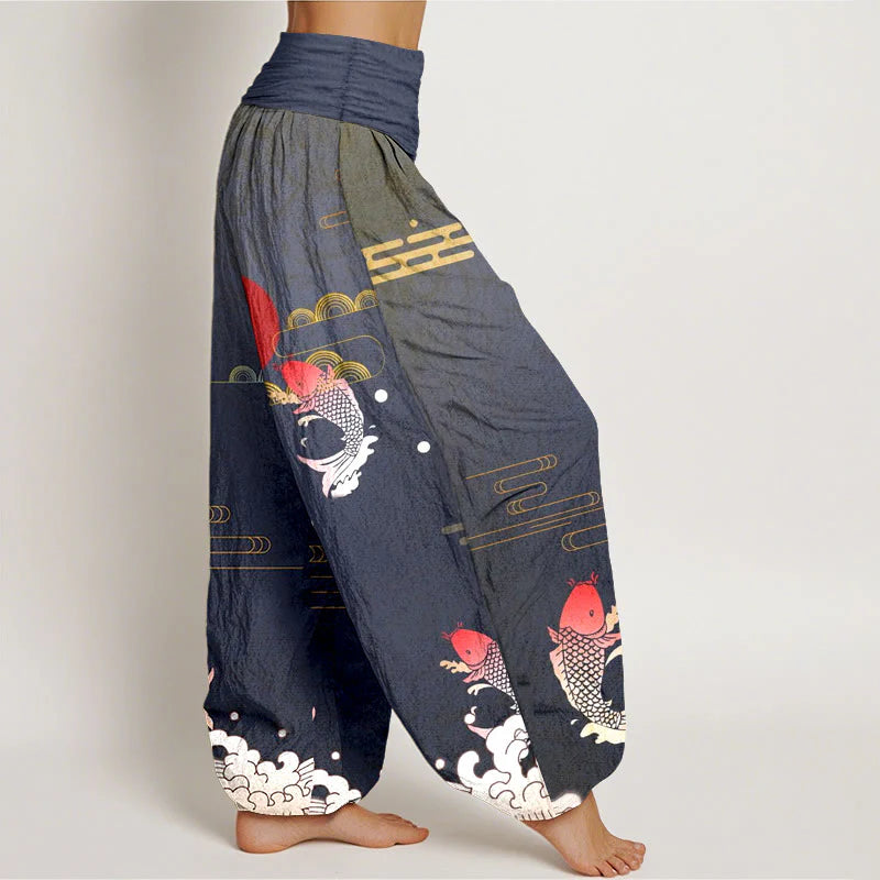 Buddha Stones Koi Fish Red Sun Waves Clouds Pattern Women's Elastic Waist Harem Pure Cotton Pants