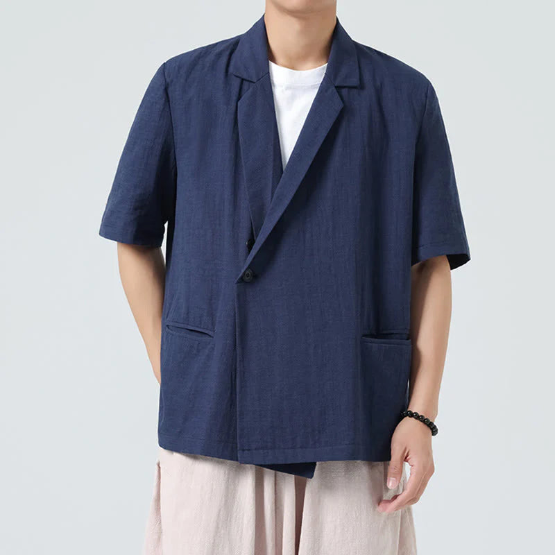 Buddha Stones Spring Plain Asymmetrical Lapel Collar Short Sleeve Men's Cotton Linen Shirt With Pockets