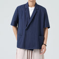 Buddha Stones Spring Plain Asymmetrical Lapel Collar Short Sleeve Men's Cotton Linen Shirt With Pockets