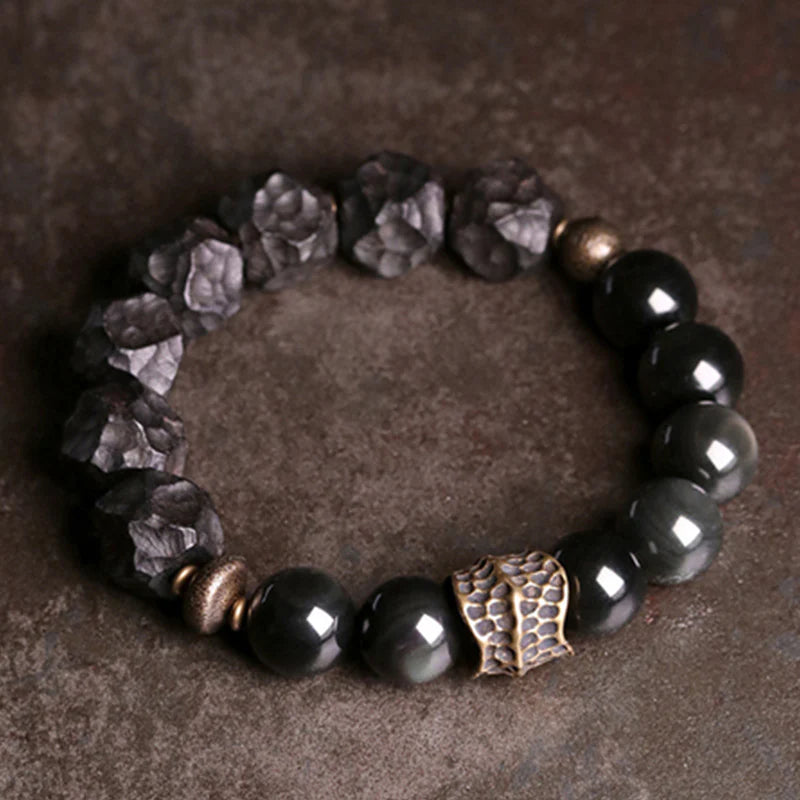Buddha Stones Black Obsidian Ebony Wood Copper Strength Couple Bracelet (Extra 30% Off | USE CODE: FS30)