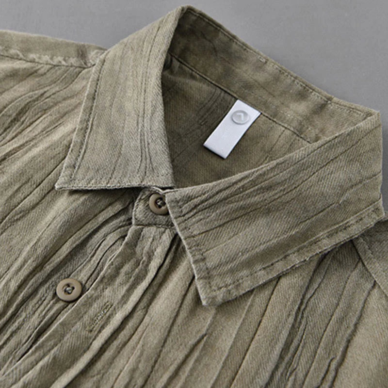 Buddha Stones Solid Long Sleeve Stand Collar Wrinkles Button Down Ramie Linen Men's Shirts