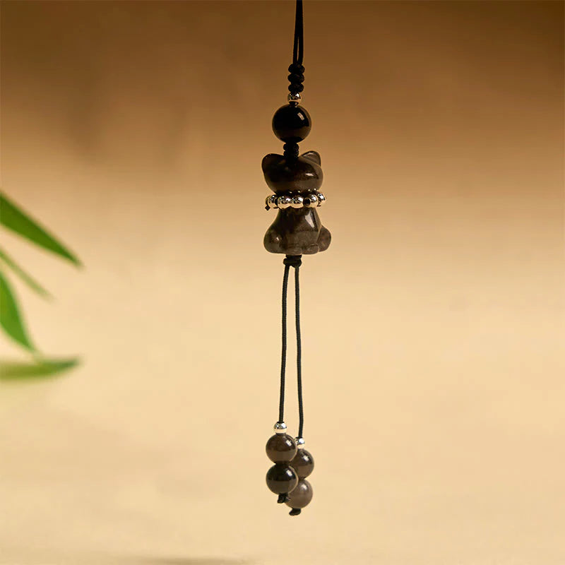 Buddha Stone Natural Silver Sheen Obsidian Noble Kitten Cat Soothing Phone Hanging Decoration