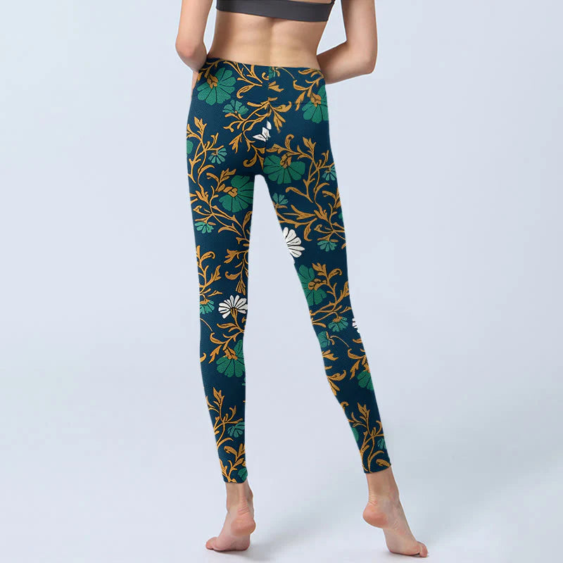 Buddha Stones Retro Pastoral Style Flowers Vines Pattern Print Gym Leggings Women's Yoga Pants