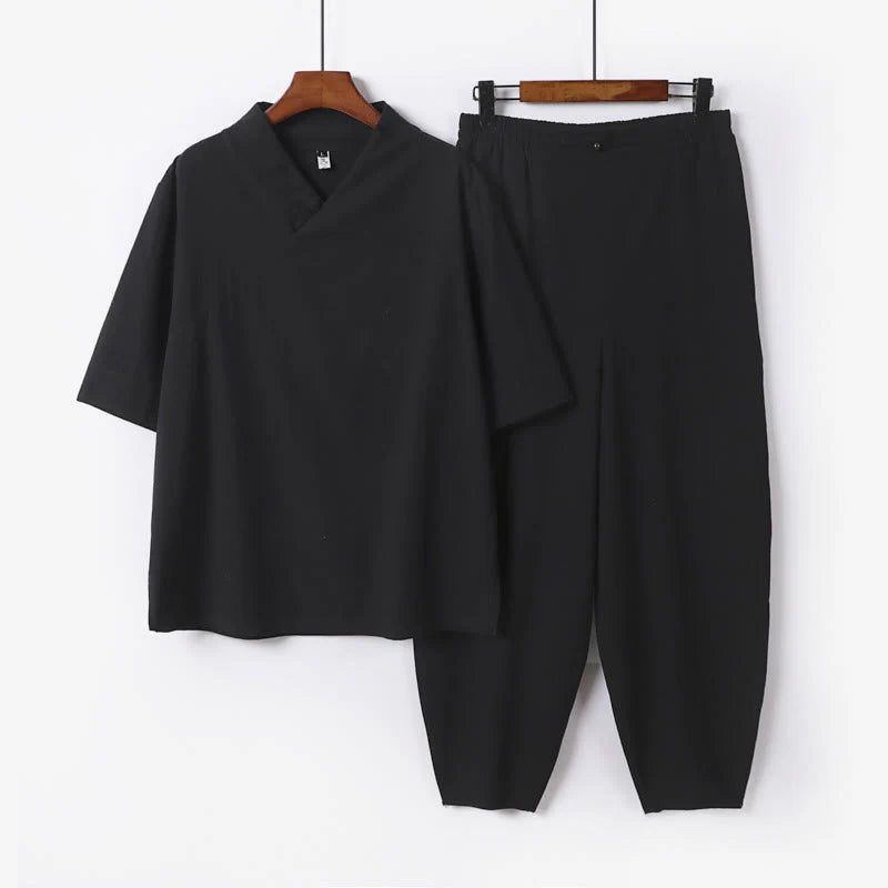 Buddha Stones 2Pcs V-Neck Cotton Half Sleeve Shirt Pants With Pockets Men's Meditation Cloth Set