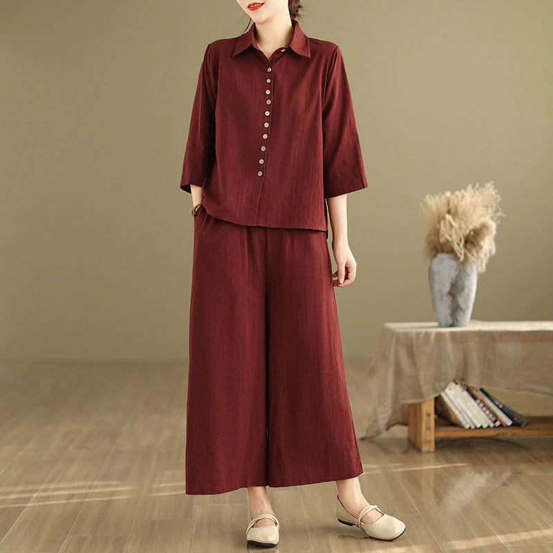 Buddha Stones 2pcs Casual Women's Stand Collar Shirt Loose Pants Meditation Clothing Set