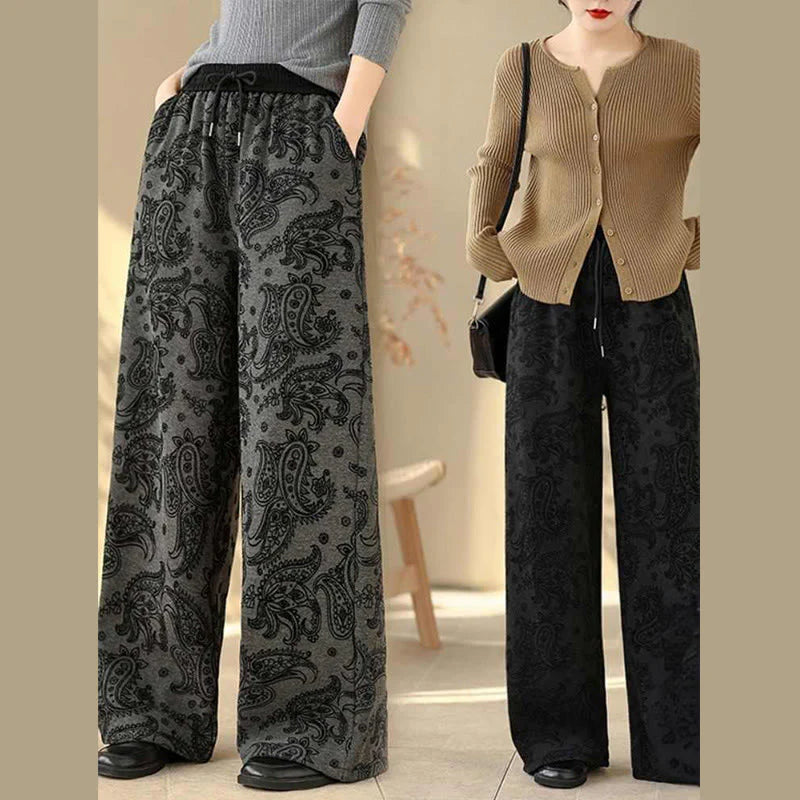 Buddha Stones Jacquard Paisley Pattern Women's Wide Leg Thermal Fleece-Lined Cotton Pants With Pockets