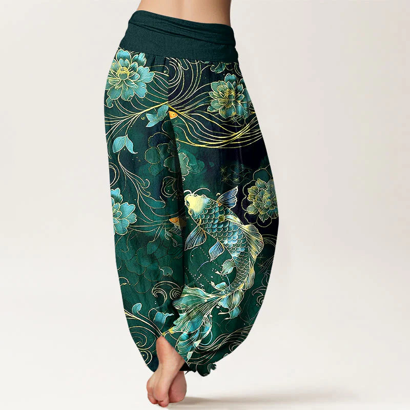 Buddha Stones Pure Cotton Dreamlike Koi Fish Peony Curve Pattern Women's Elastic Waist Harem Pants