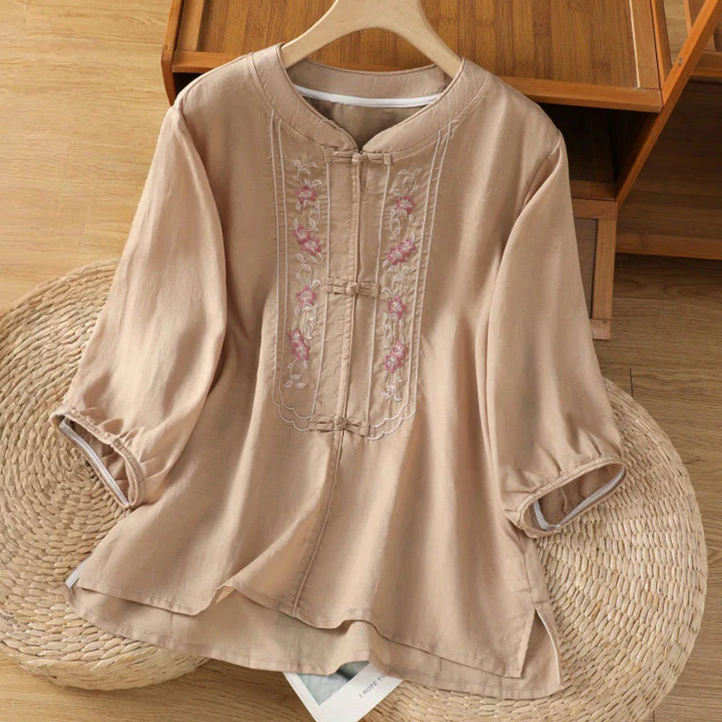 Buddha Stones Casual Embroidery Frog-Button Cotton Polyester Half Sleeve Women's Stand Collar Shirt