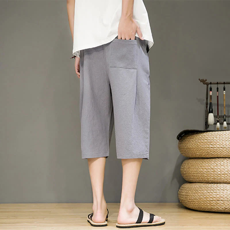 Buddha Stones Casual Summer Drawstring Solid Color Cropped Cotton Linen Men's Harem Pants With Pockets