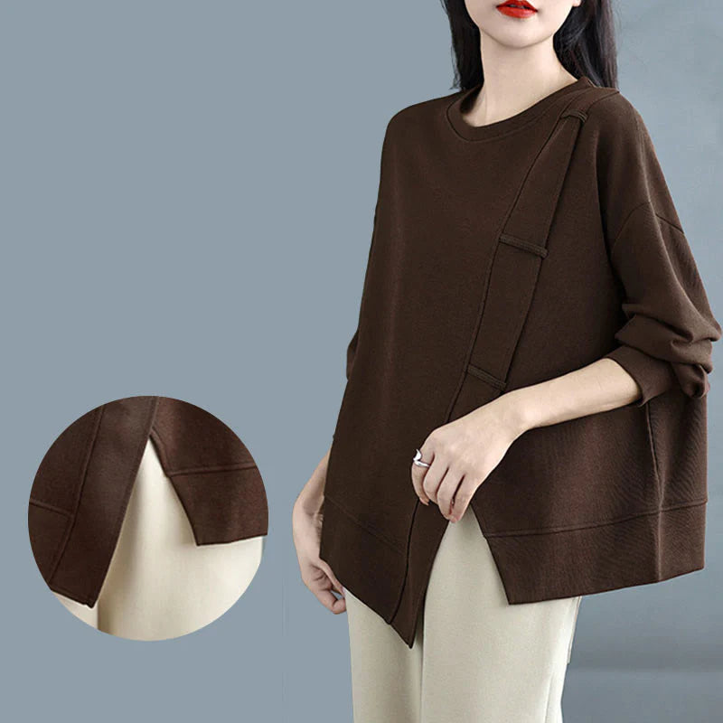 Buddha Stones Fall Solid Color Asymmetrical Design Crew Neck Long Sleeve Women's Cotton Sweatshirt