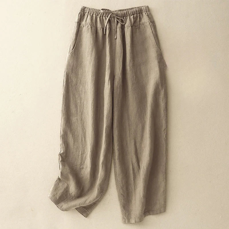 Buddha Stones Summer Plain Casual 7-8 Length Lace-up Women's Cotton Linen Harem Pants With Pockets