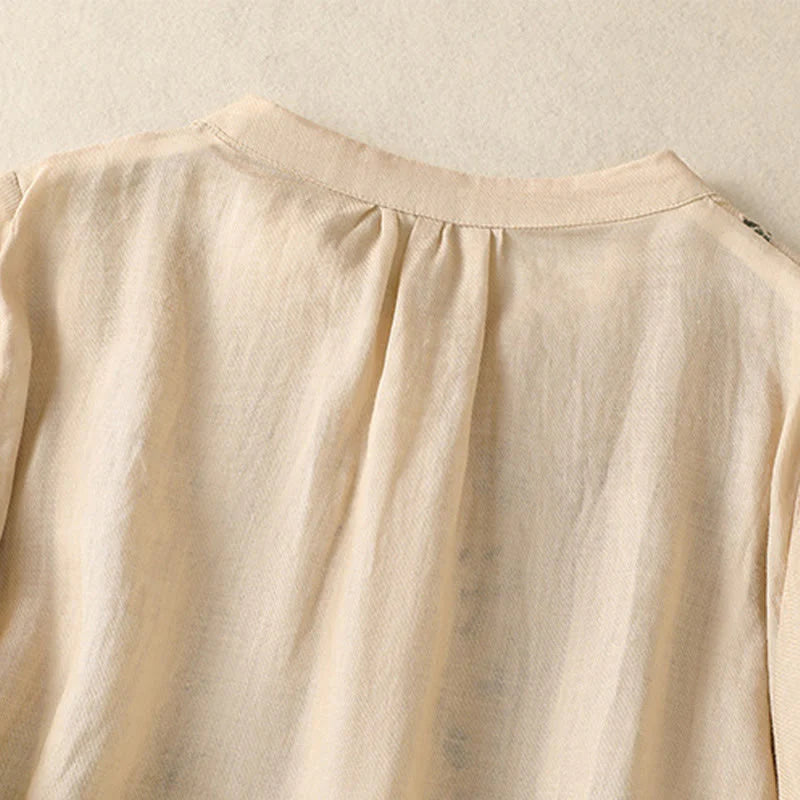 Buddha Stones Embroidery Single Breasted Women's Cotton Linen Three Quarter Sleeve Shirt