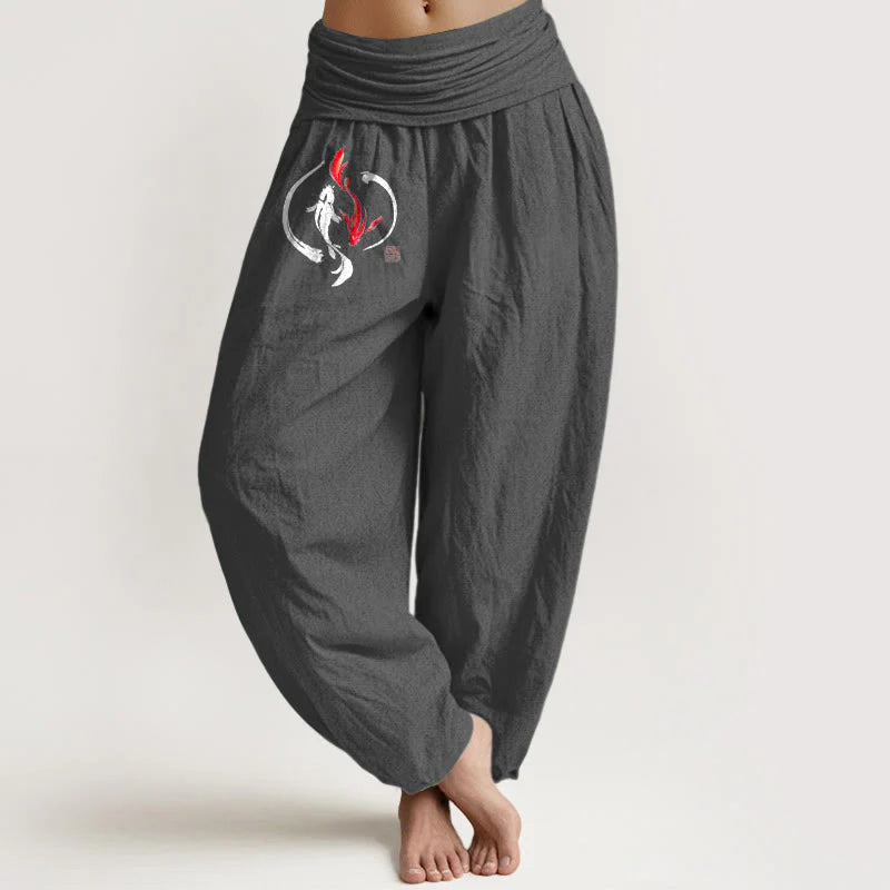 Buddha Stones Yin Yang Koi Fish Design Women's Elastic Waist Harem Pure Cotton Pants