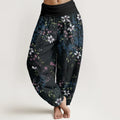 Buddha Stones Cotton Small White Blossoms Green Leaves Women's Elastic Waist Harem Pants