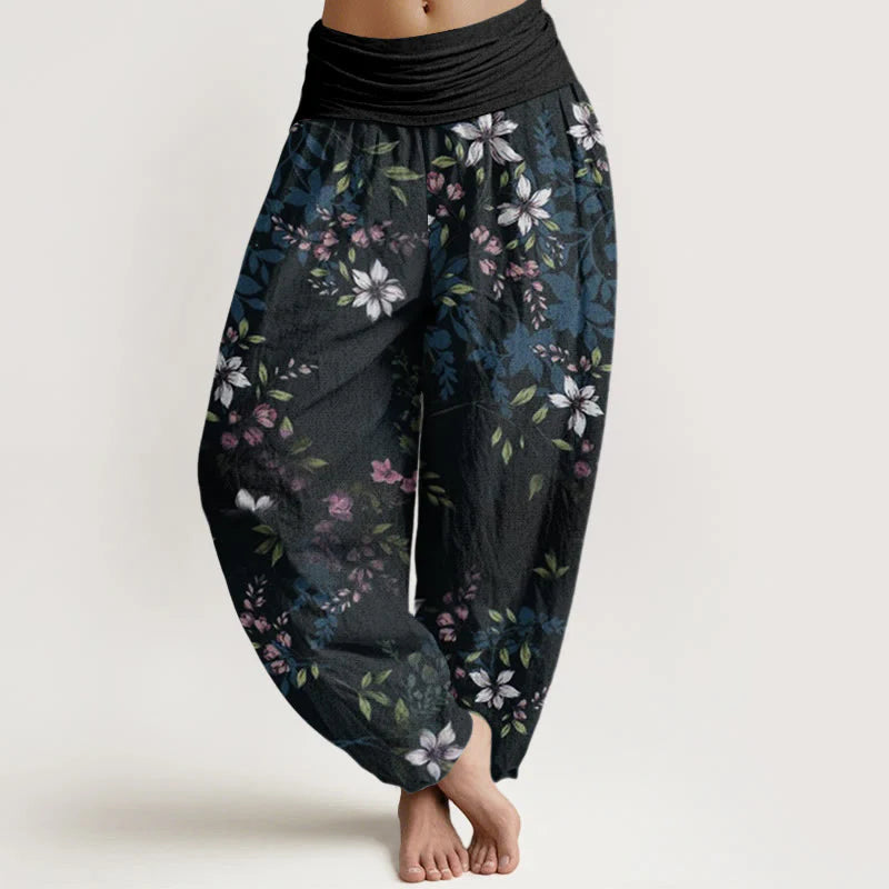 Buddha Stones Cotton Small White Blossoms Green Leaves Women's Elastic Waist Harem Pants