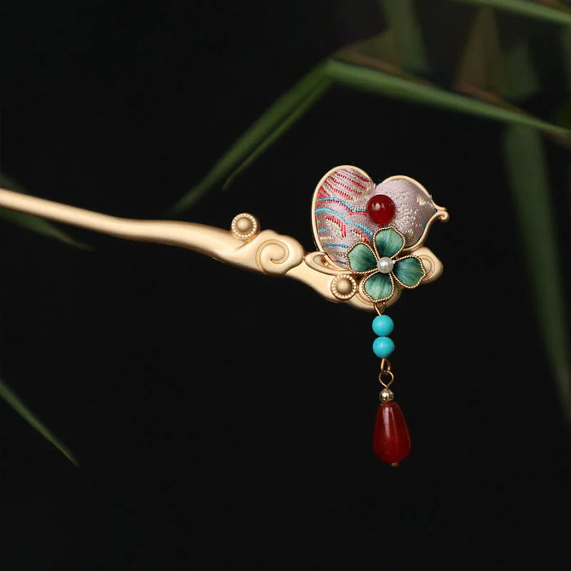 Buddha Stones Gourd Flower Pattern Red Agate Copper Calm Hairpin