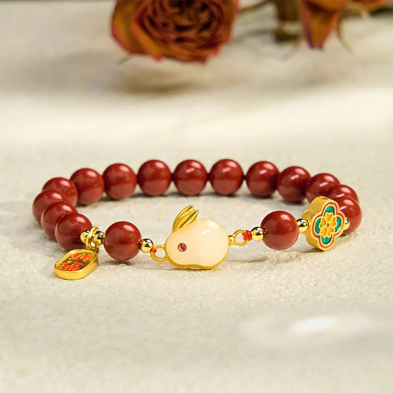 Buddha Stones Cinnabar Cute Rabbit Bunny Fu Character Calm Bracelet