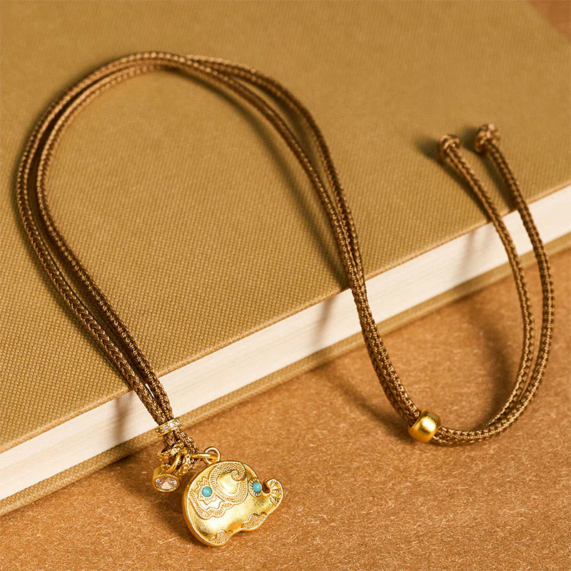 Buddha Stones 24k Gold Plated Brass Elephant Symbol Braided Cord Strength Necklace Pendant