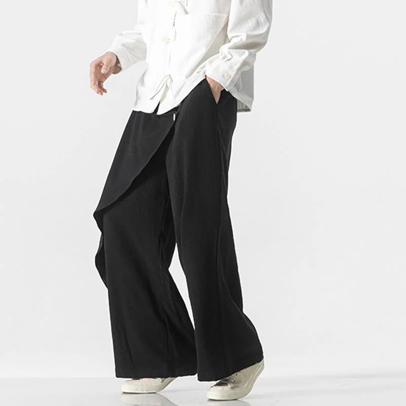 Buddha Stones Asymmetrical Patched Design Plain Men's Cotton Pants With Pockets