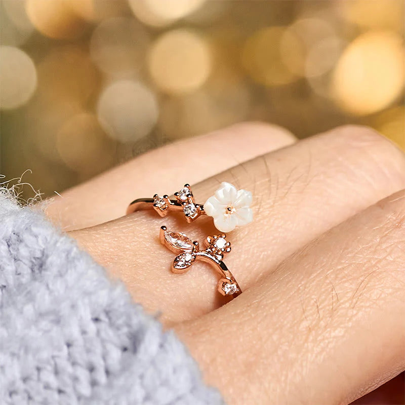 Buddha Stones White Flower Design Adjustable Healing Copper Ring