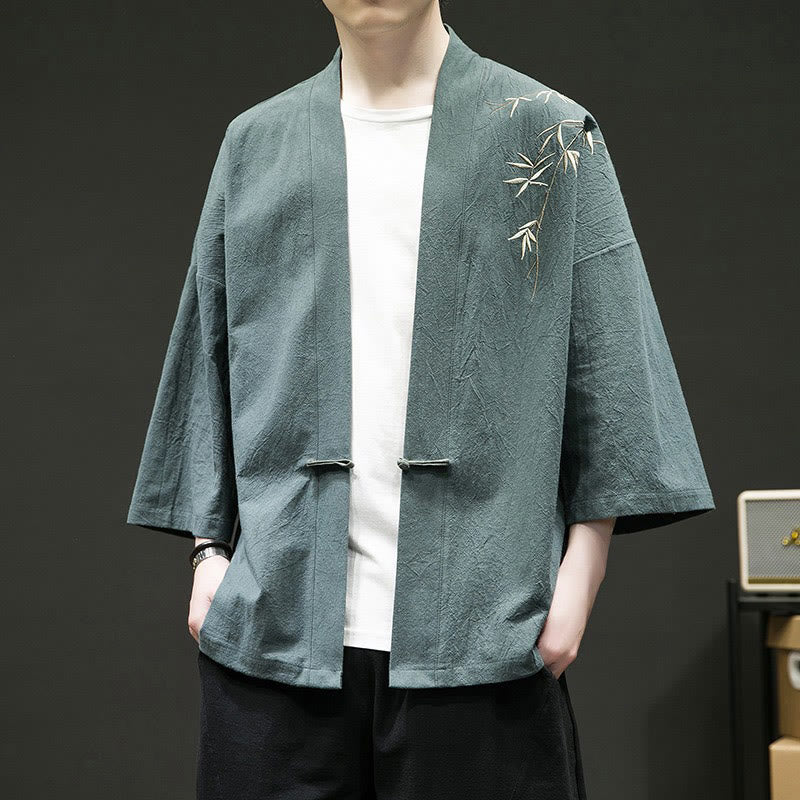 Buddha Stones Solid Auspicious Clouds Open Front Long Sleeve Jacket Men's Cotton Kimono