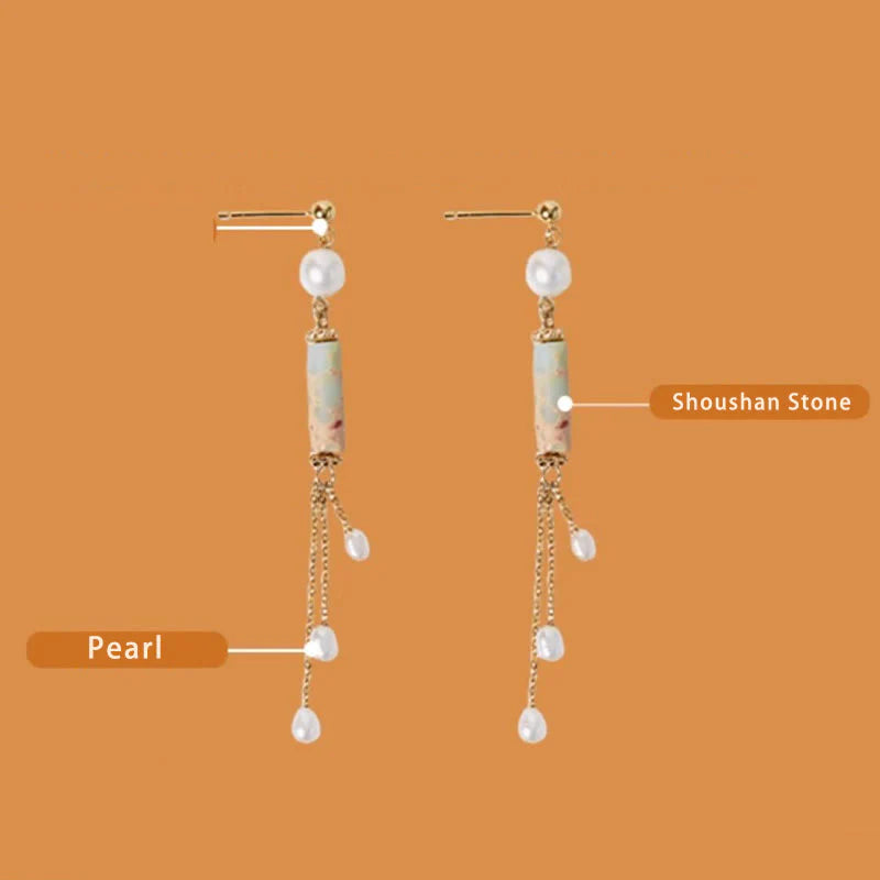 Buddha Stones 925 Sterling Silver Posts Shoushan Stone Pearl Healing Drop Earrings