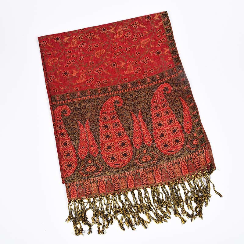 Buddha Stones Jacquard Color Contrast Patchwork Paisley Pattern Tassel Cozy Scarf Shawl