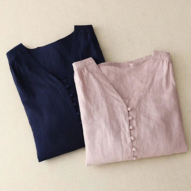 Buddha Stones V-Neck Design Women's Cotton Linen Long Sleeve Shirt
