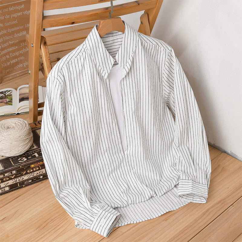 Buddha Stones Fall 2 In 1 Stripes Stand Collar Long Sleeve Men's Cotton Shirt