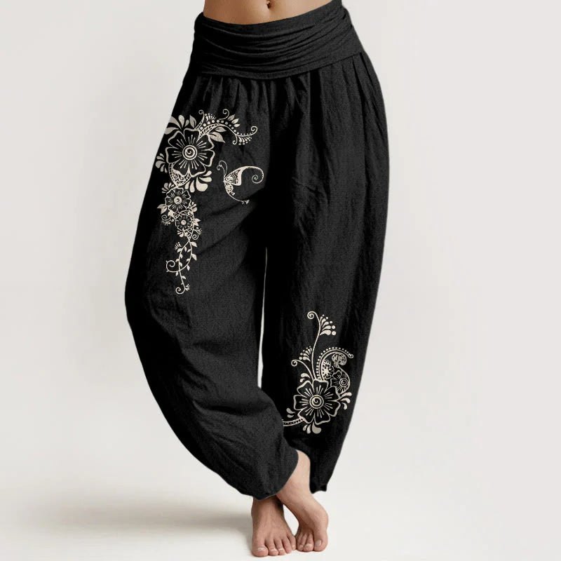 Buddha Stones Pure Cotton Simple Elegant Flower Butterfly Vine Pattern Women's Elastic Waist Harem Pants