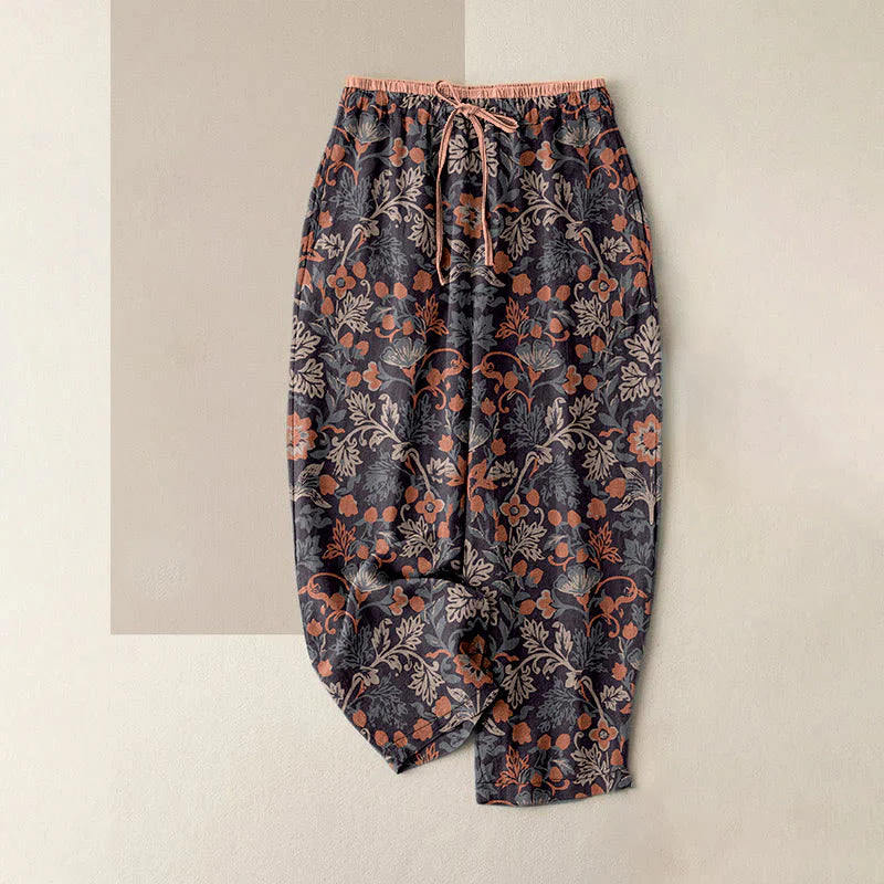 Buddha Stones Cotton Casual Flower Vine Leaves Pattern Women's Elastic Waist Pants With Pockets
