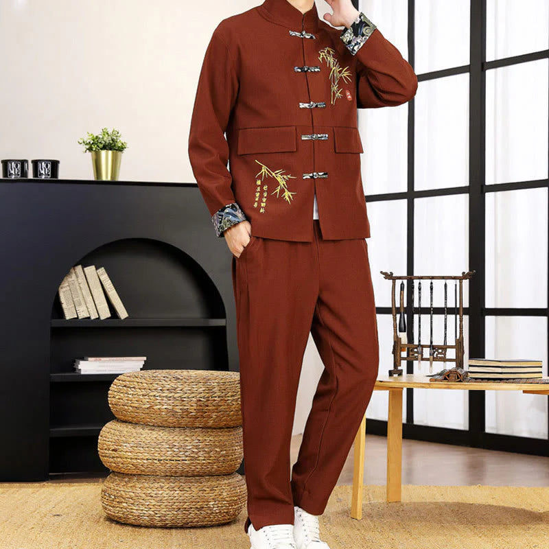 Buddha Stones 2Pcs Tang Suit Bamboo Frog-Button Men's Long Sleeve Shirt Pants Clothing Set