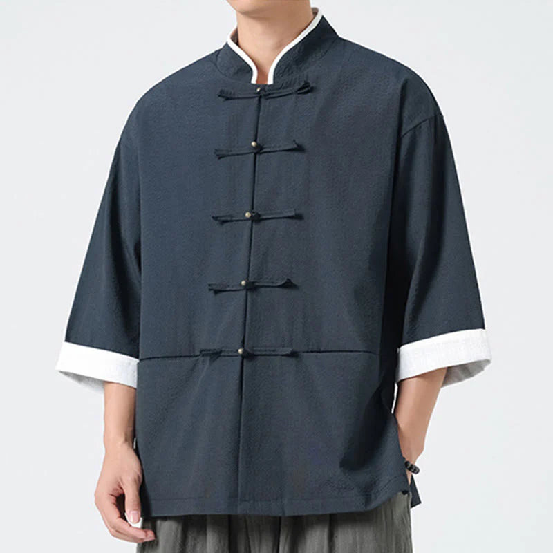 Buddha Stones Spring Solid Color Three Quarter Sleeve Tang Suit Men's Buttons Shirt With Pockets