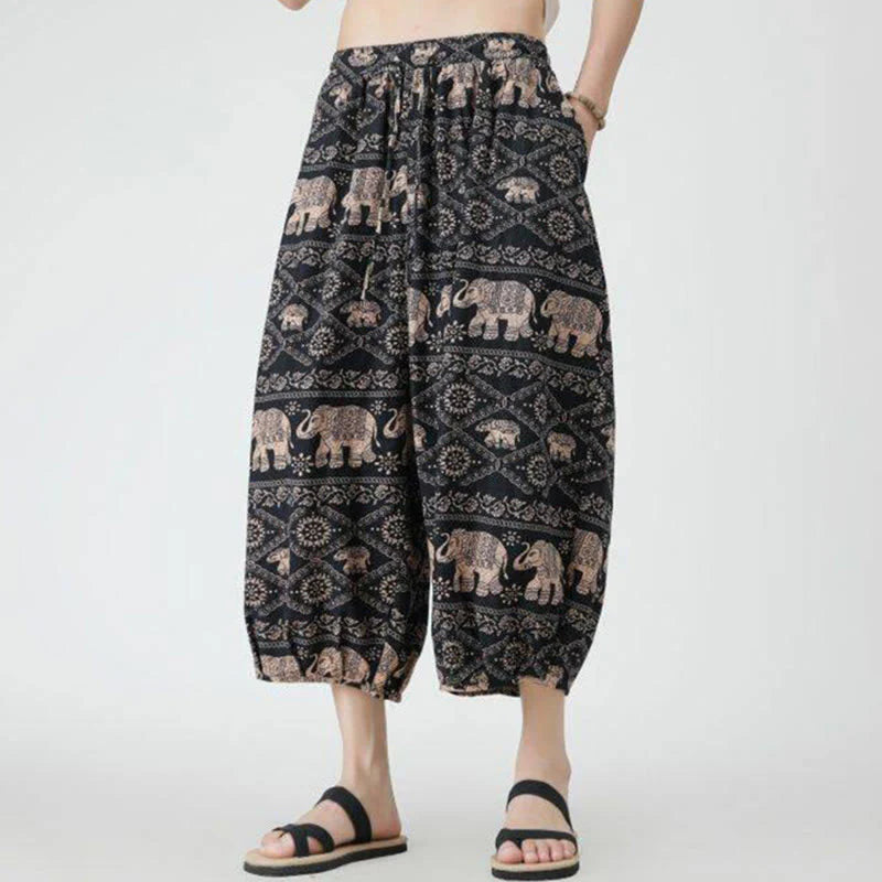 Buddha Stones Summer Square Patchwork Elephant Mandala Geometry Cotton Linen Men's 7-8 Length Pants With Pockets