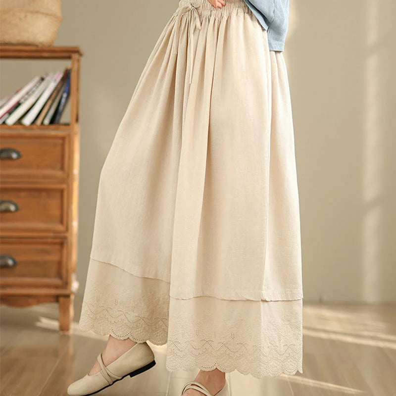 Buddha Stones Spring Embroidery Lace Hem Patchwork Drawstring Design Women's Wide Leg Cotton Pants With Pockets