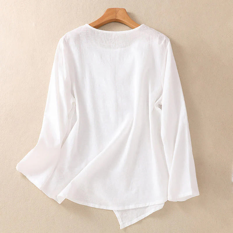 Buddha Stones Jacquard Irregular Hem Pleated Design Women's Cotton Long Sleeve Shirt