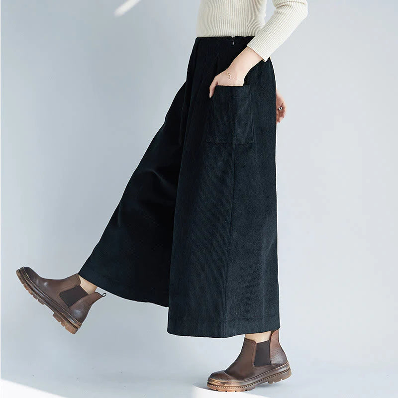 Buddha Stones Women's Plain Side Zipper Design Wide Leg Corduroy 7-8 Length Pants With Pockets