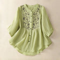 Buddha Stones Embroidery Single Breasted Women's Cotton Linen Three Quarter Sleeve Shirt