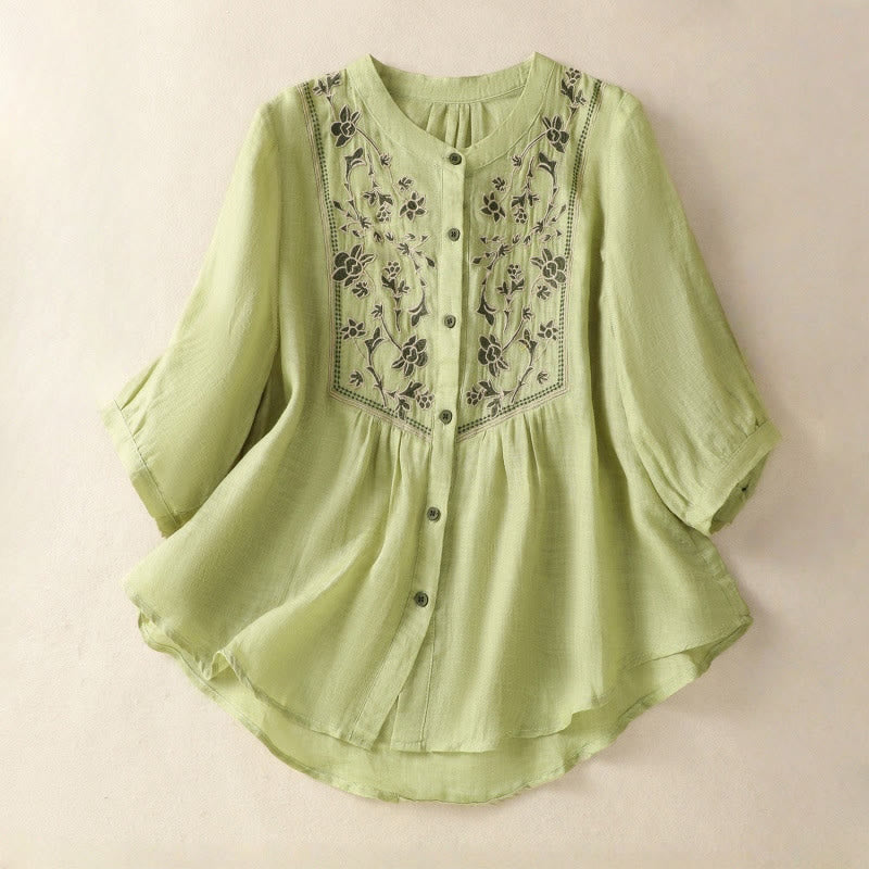 Buddha Stones Embroidery Single Breasted Women's Cotton Linen Three Quarter Sleeve Shirt