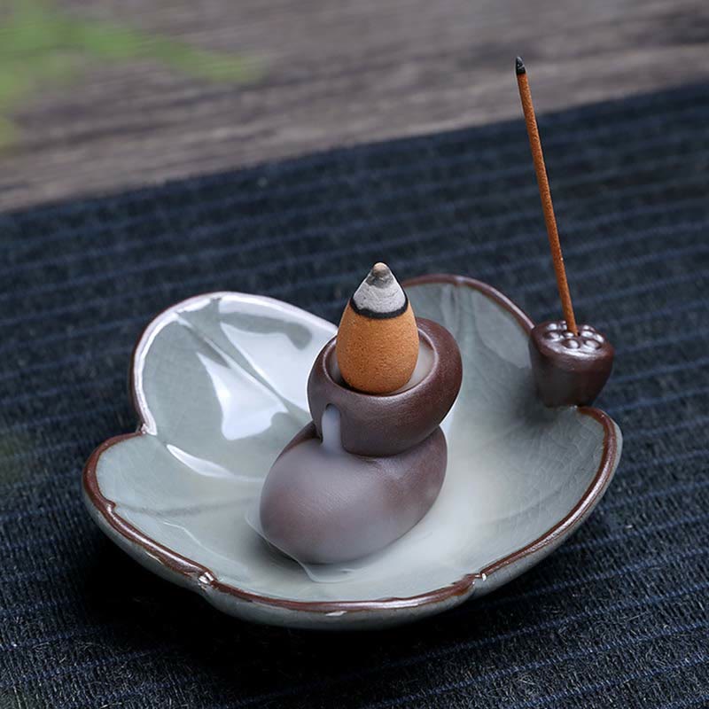 Buddha Stones Lotus Plum Blossom Square Ceramic Spiritual Backflow Incense Burner