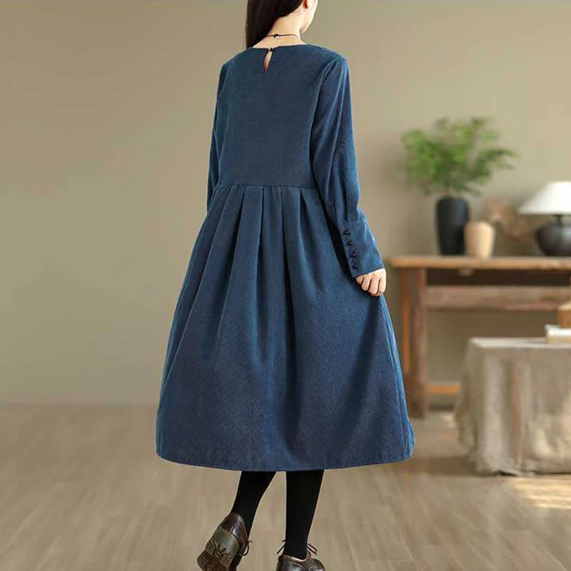 Buddha Stones Fall Plain DarkBlue Long Sleeve Corduroy Midi Dress With Pockets
