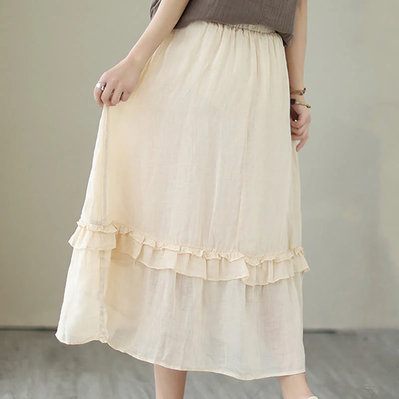 Buddha Stones Vintage Artistic Pure Color Ruffled Design Irregular Women's Cotton Linen Skirt